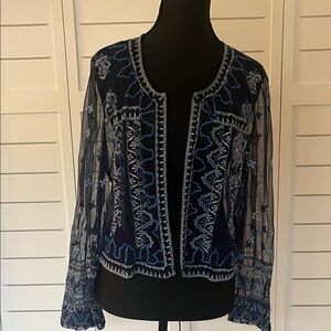 Chico's Navy and Light Blue Embroidered Sheer Bolero Jacket Sz 1